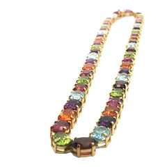 18k Yellow Gold Multicolor Semi Precious Amethyst, Citrine, Peridot, Blue Topaz , Garnet and Rubellite 7x5 Oval Shape Necklace 25.7 gram 16"inch