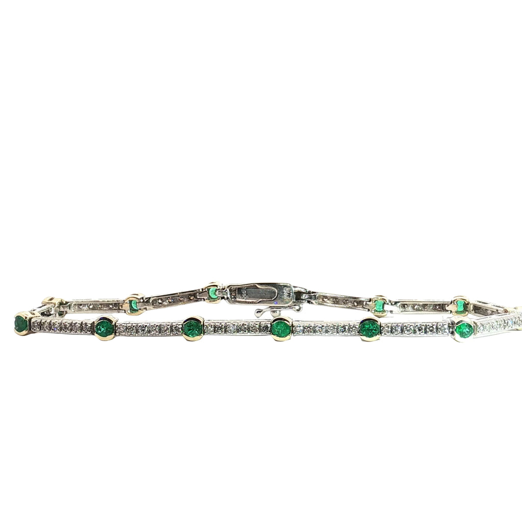 14k Two Tone 1.15ct Round Emerald in a 1/2 Bezel setting with 1.00ct G SI1 Round Diamond Bar Bracelet  11.7 gram 7 1/4