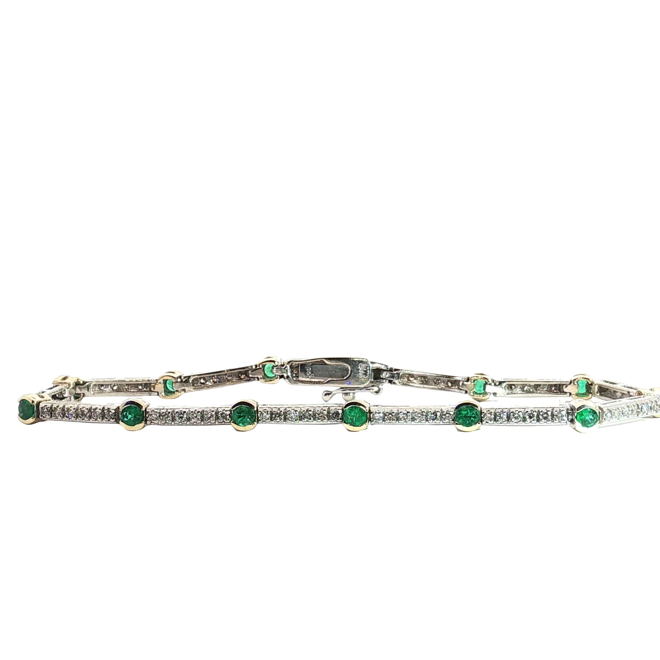 14k Two Tone 1.15ct Round Emerald in a 1/2 Bezel setting with 1.00ct G SI1 Round Diamond Bar Bracelet  11.7 gram 7 1/4