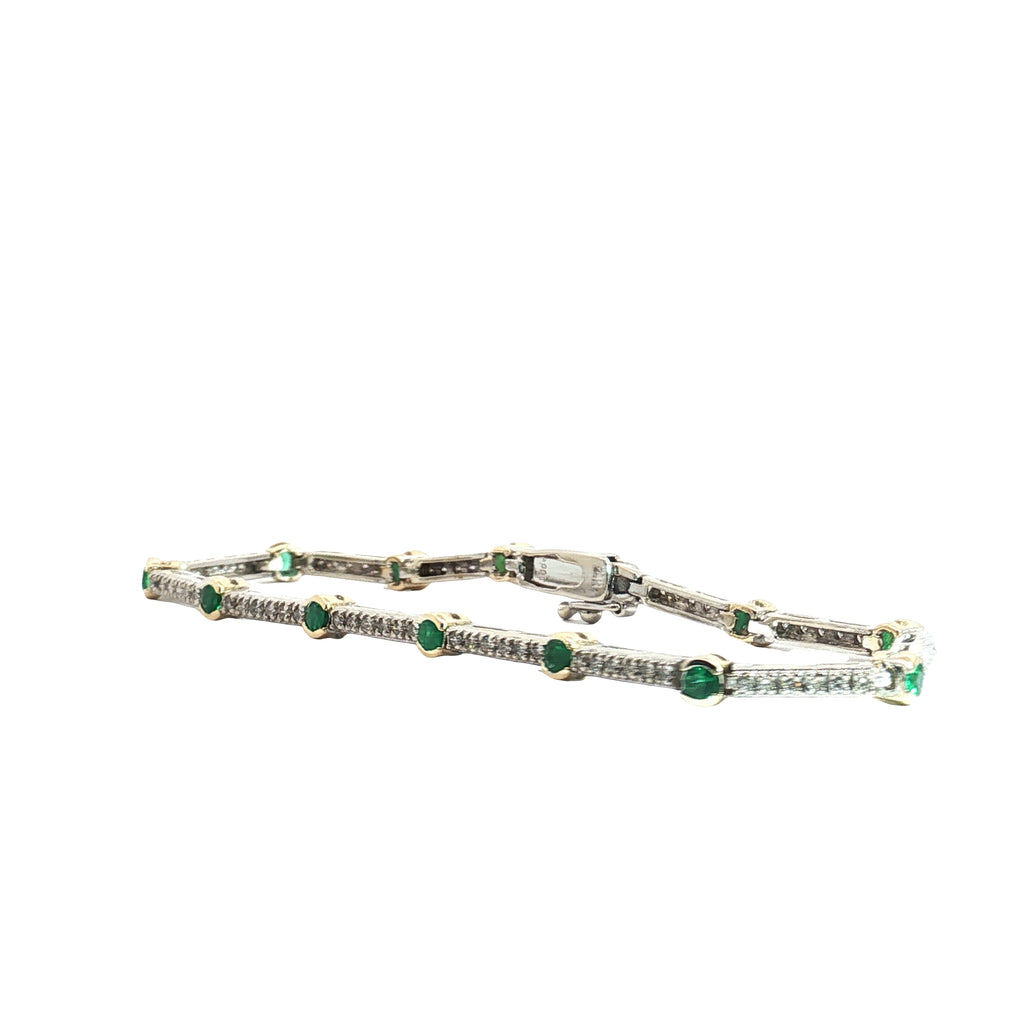14k Two Tone 1.15ct Round Emerald in a 1/2 Bezel setting with 1.00ct G SI1 Round Diamond Bar Bracelet  11.7 gram 7 1/4