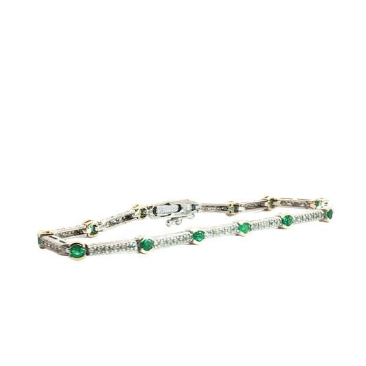 14k Two Tone 1.15ct Round Emerald in a 1/2 Bezel Setting with 1.00ct G SI1 Round Diamond Bar Bracelet 11.7 gram 7 1/4