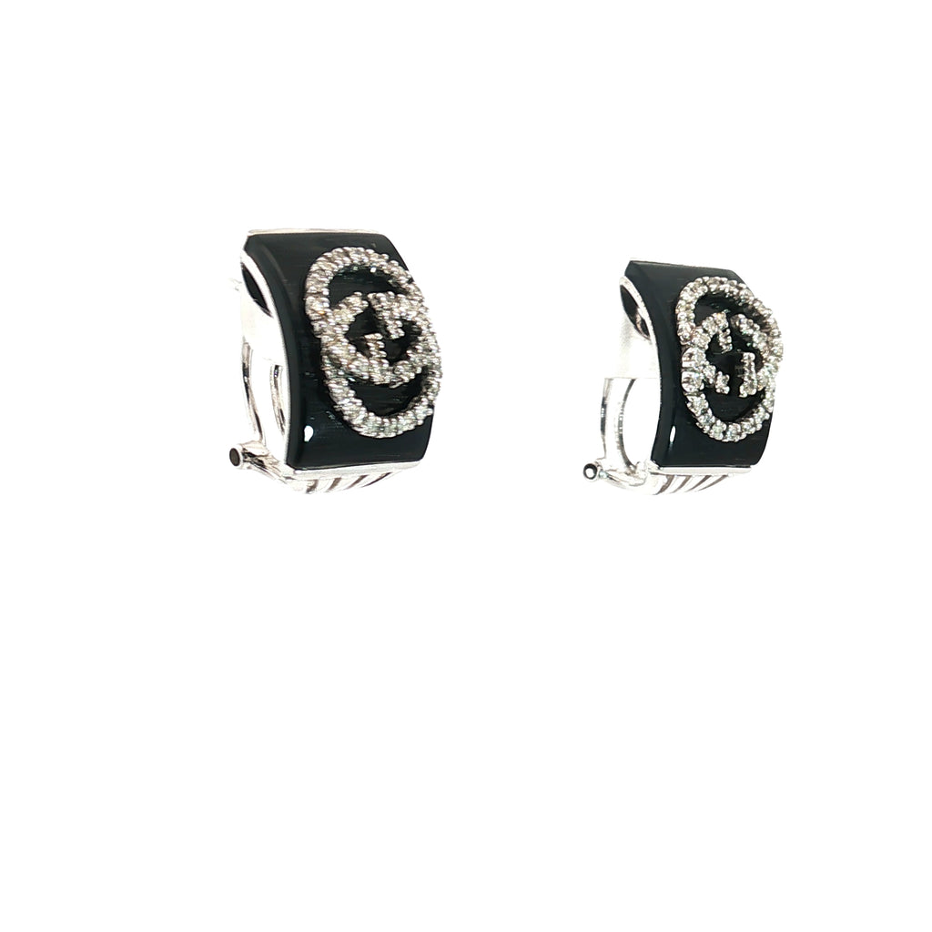 14k White Gold .25ct G SI1 Round Diamond Gucci Onyx Clip on Earrings