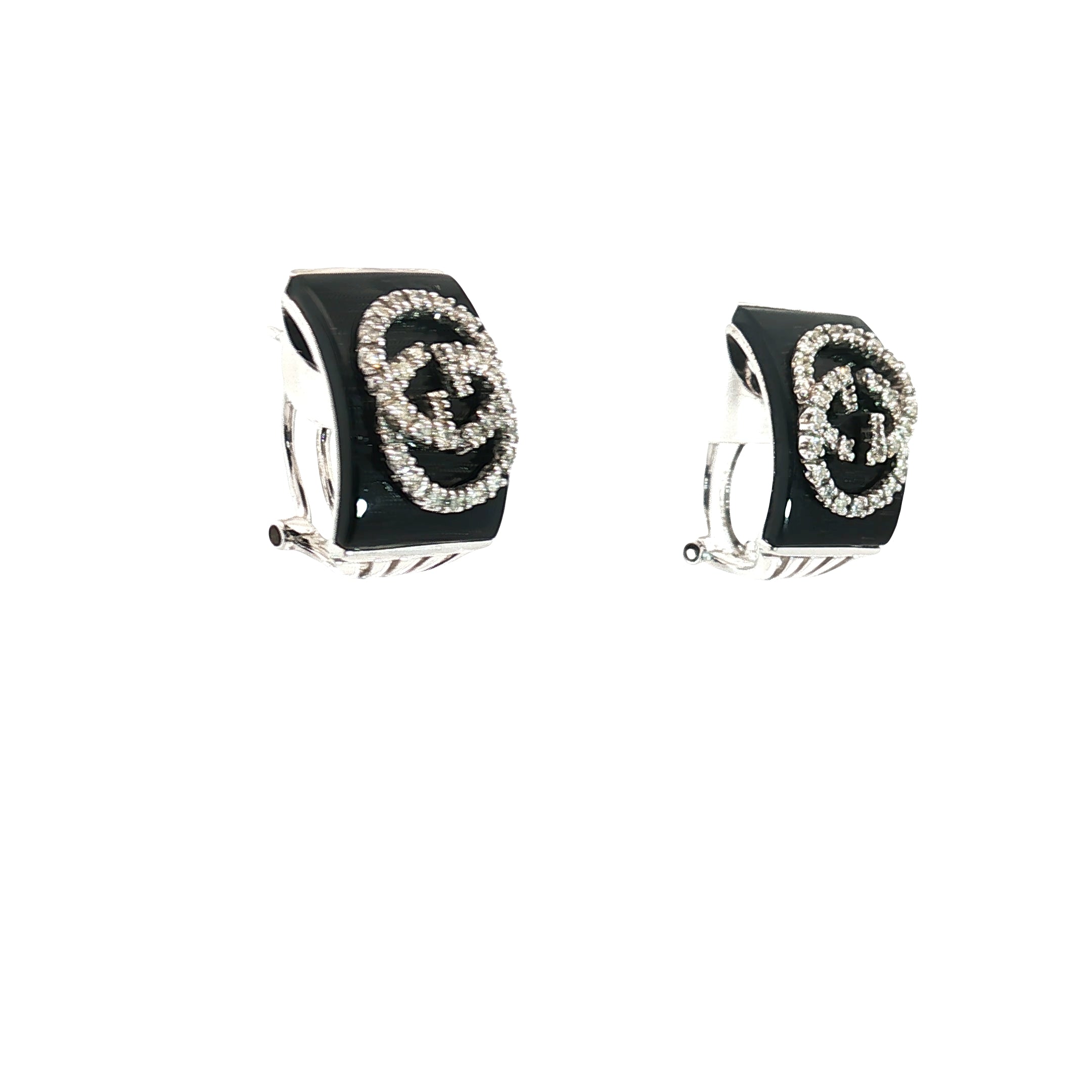 14k White Gold .25ct G SI1 Round Diamond Gucci Onyx Clip on Earrings