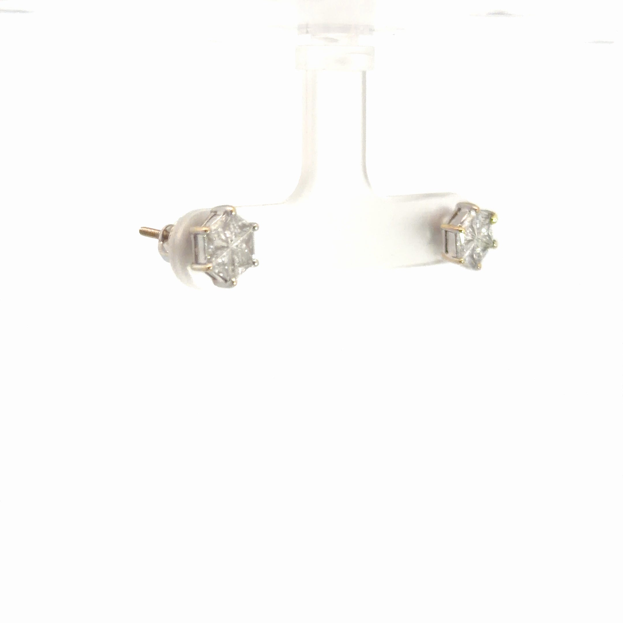 14k White Gold 1.00ct G VS2 Invisible Trillion Diamond Cluster Stud Earrings