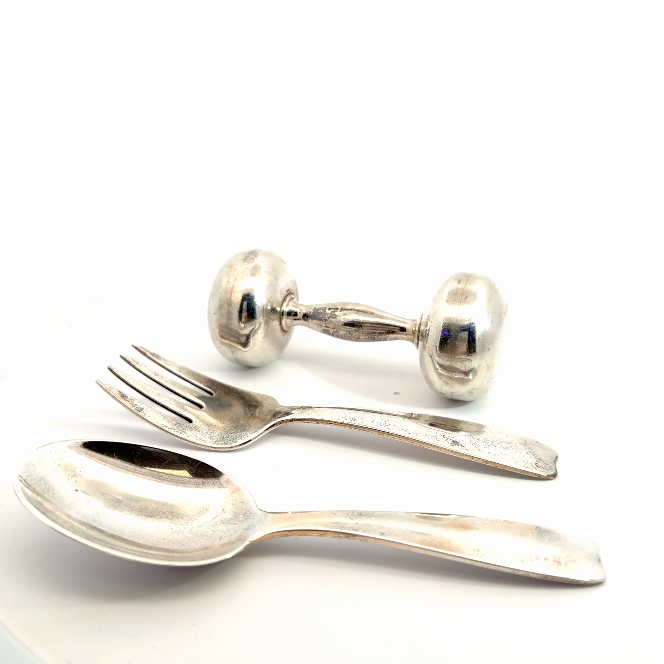 Pre-Loved Vintage Tiffany & Co. Baby Spoon 26.4 gram 4"inch, Fork 21.3 gram 4"inch and Rattle 31.2 gram 2 1/2"inch Set