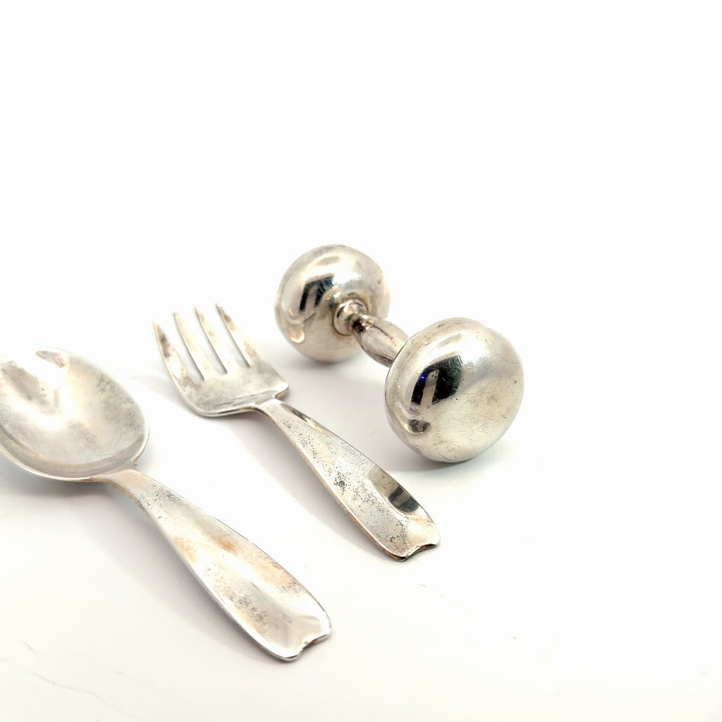 Pre-Loved Vintage Tiffany & Co. Baby Spoon 26.4 gram 4"inch, Fork 21.3 gram 4"inch and Rattle 31.2 gram 2 1/2"inch Set