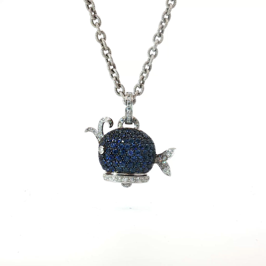 18k White Gold Italian Chantecler Capri Pave Set Sapphire and Diamond Puffed Whale Pendent.