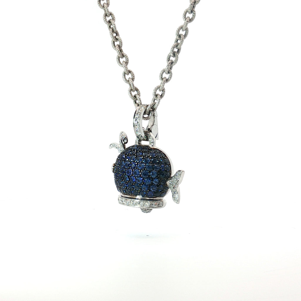 18k White Gold Italian Chantecler Capri Pave Set Sapphire and Diamond Puffed Whale Pendent.