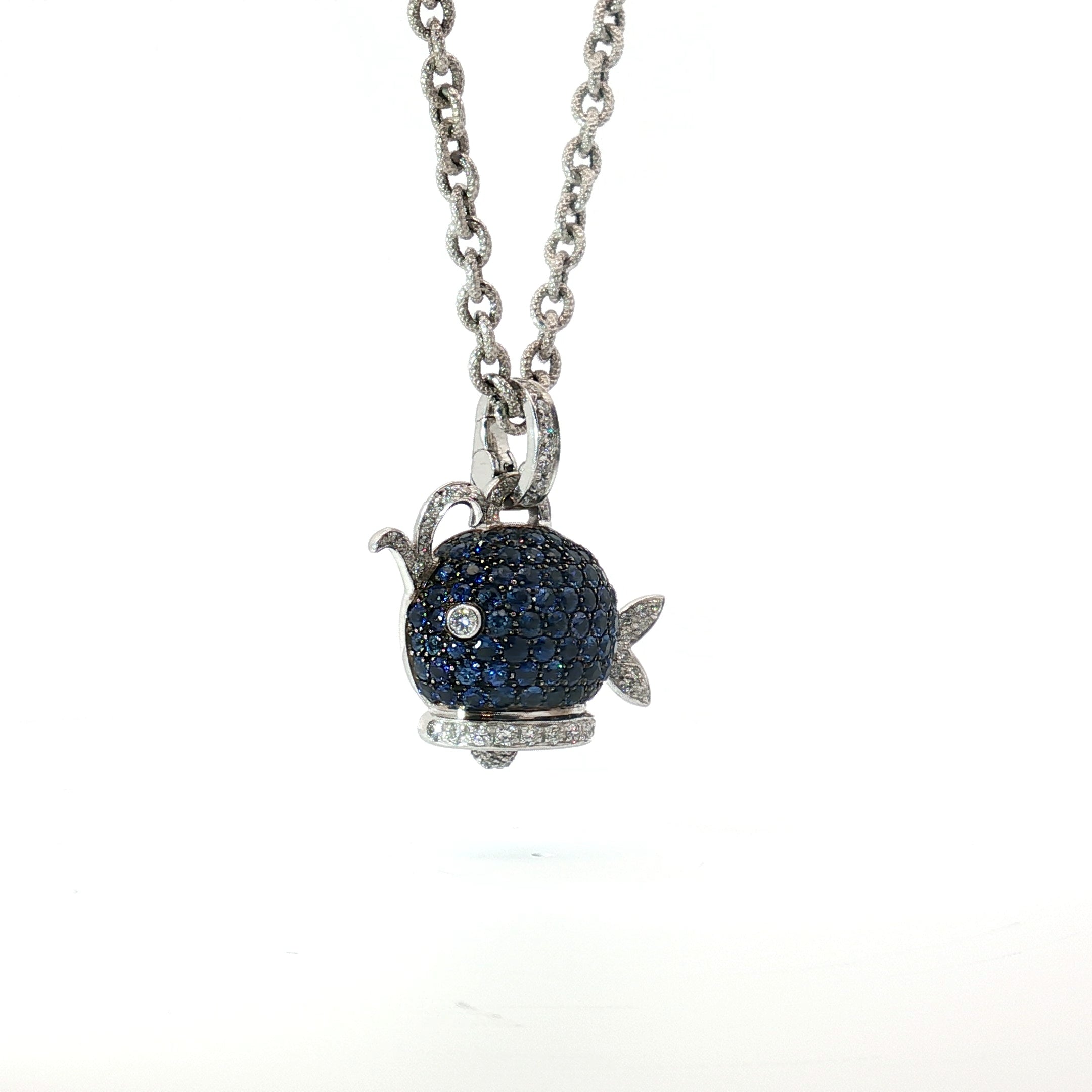 18k White Gold Italian Chantecler Capri Pave Set Sapphire and Diamond Puffed Whale Pendent.