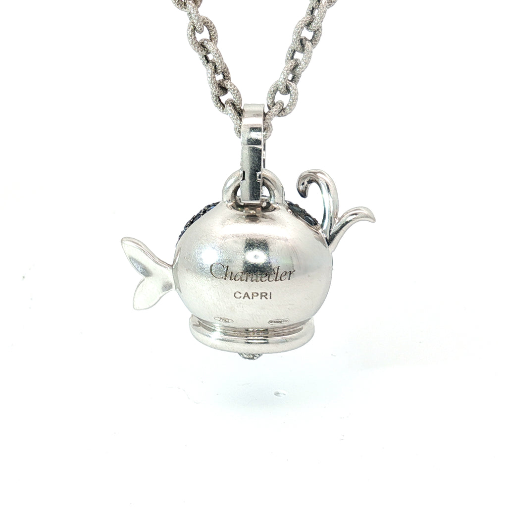 18k White Gold Italian Chantecler Capri Pave Set Sapphire and Diamond Puffed Whale Pendent.