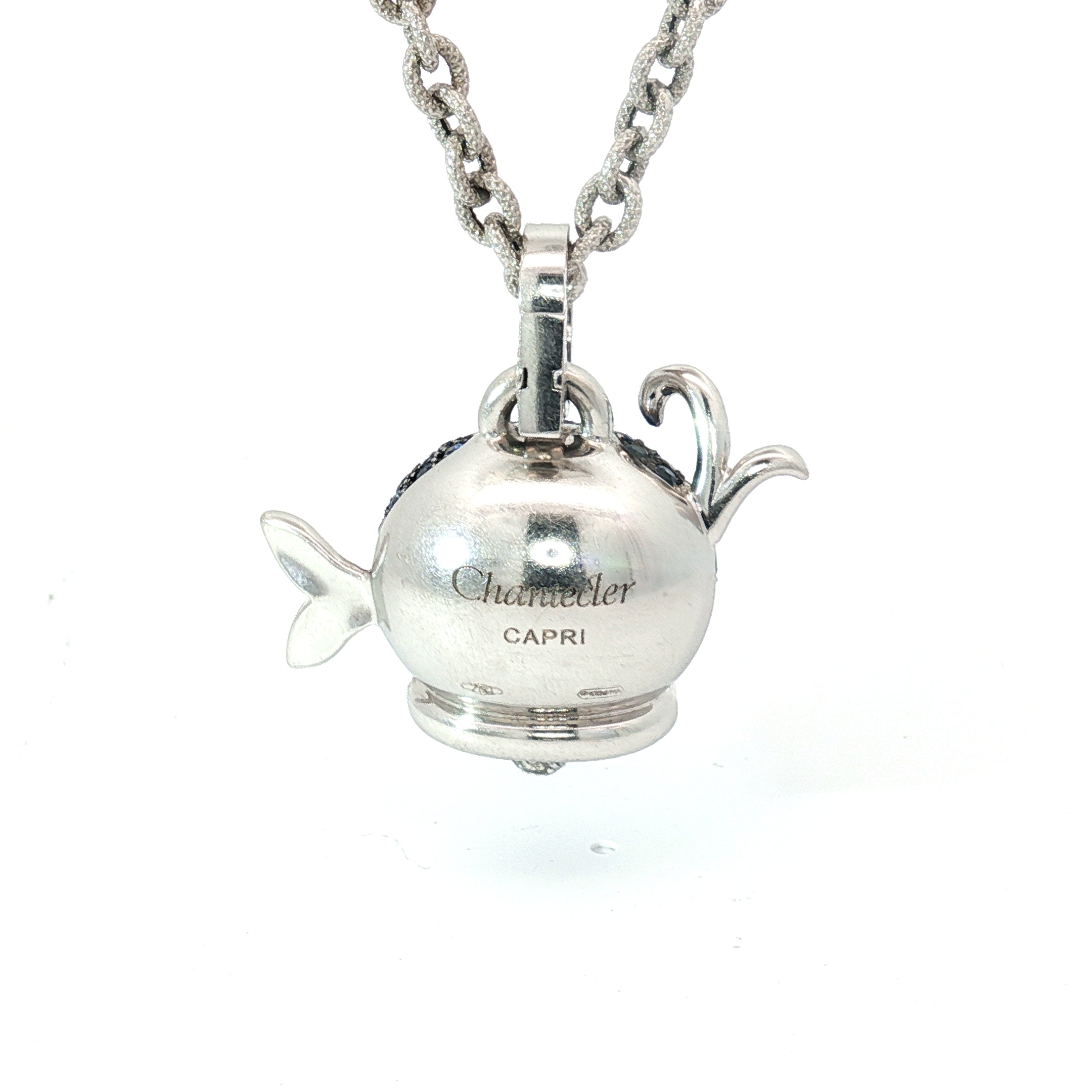 18k White Gold Italian Chantecler Capri Pave Set Sapphire and Diamond Puffed Whale Pendent.