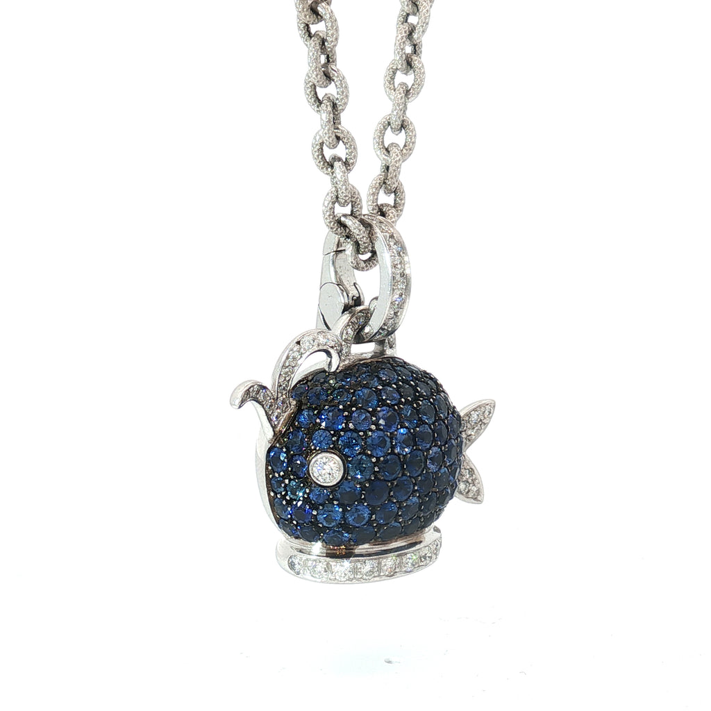 18k White Gold Italian Chantecler Capri Pave Set Sapphire and Diamond Puffed Whale Pendent.