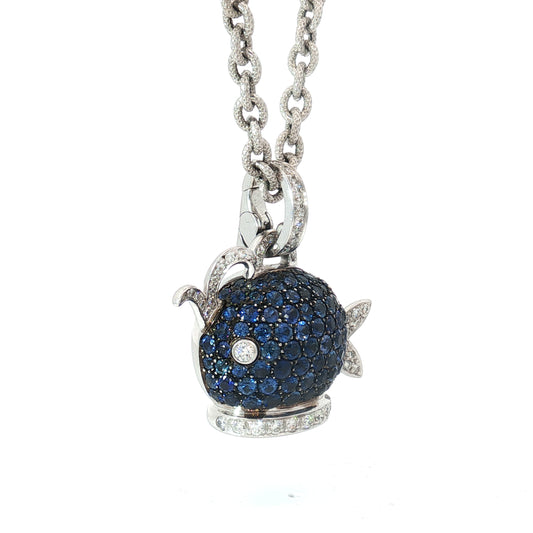 18k White Gold Italian Chantecler Capri Pave Set Sapphire and Diamond Puffed Whale Pendant