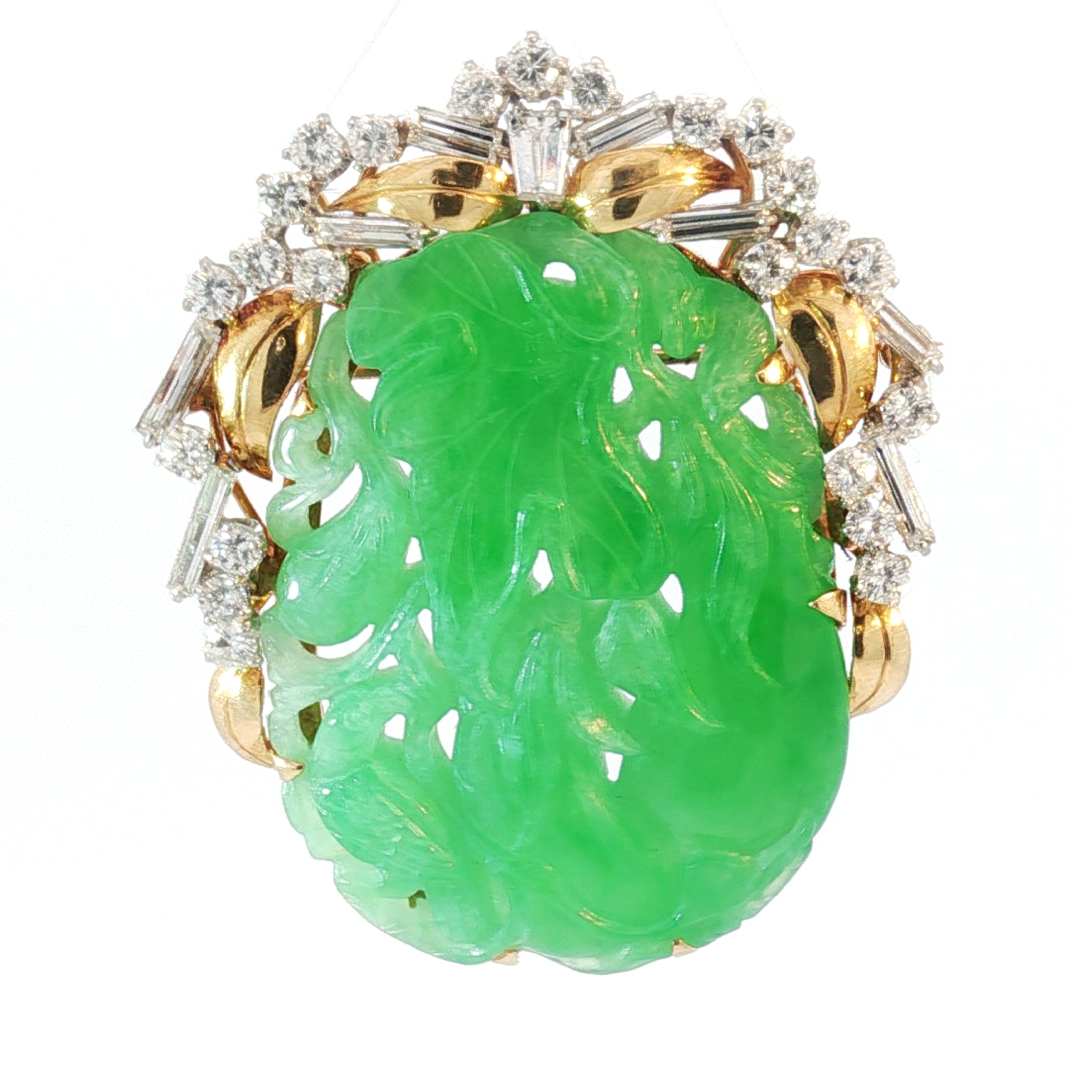 18k Two Tone 32.52 grams Pierced Carving  Oval Shape Mottled Green Jade/ 3.00ct E VS1 Baguette and Round Diamond Vintage (Disc) Jade Certified By GIA# 6237501581