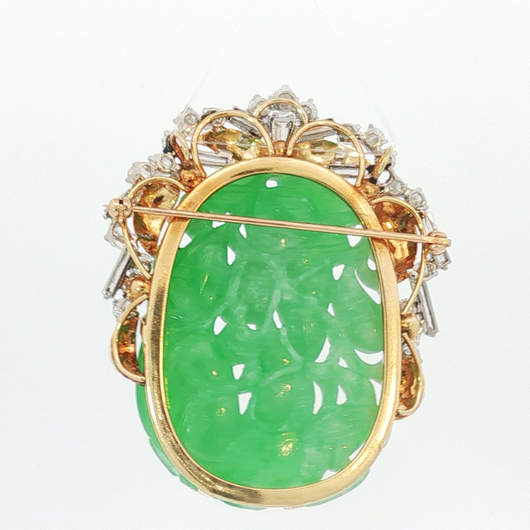 18k Two Tone 32.52 grams Pierced Carving  Oval Shape Mottled Green Jade/ 3.00ct E VS1 Baguette and Round Diamond Vintage (Disc) Jade Certified By GIA# 6237501581