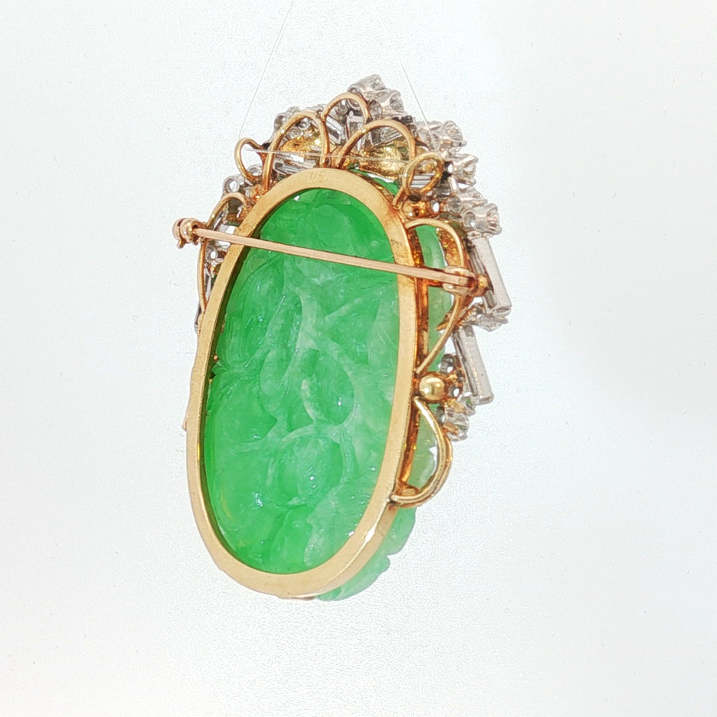 18k Two Tone 32.52 grams Pierced Carving  Oval Shape Mottled Green Jade/ 3.00ct E VS1 Baguette and Round Diamond Vintage (Disc) Jade Certified By GIA# 6237501581