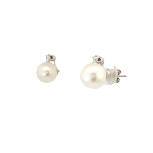 14k White Gold Earrings with South Sea Pearls Measuring 9mm Along with .20ct of E VS2 Round Diamond South Sea Pearl 9mm Stud Earrings