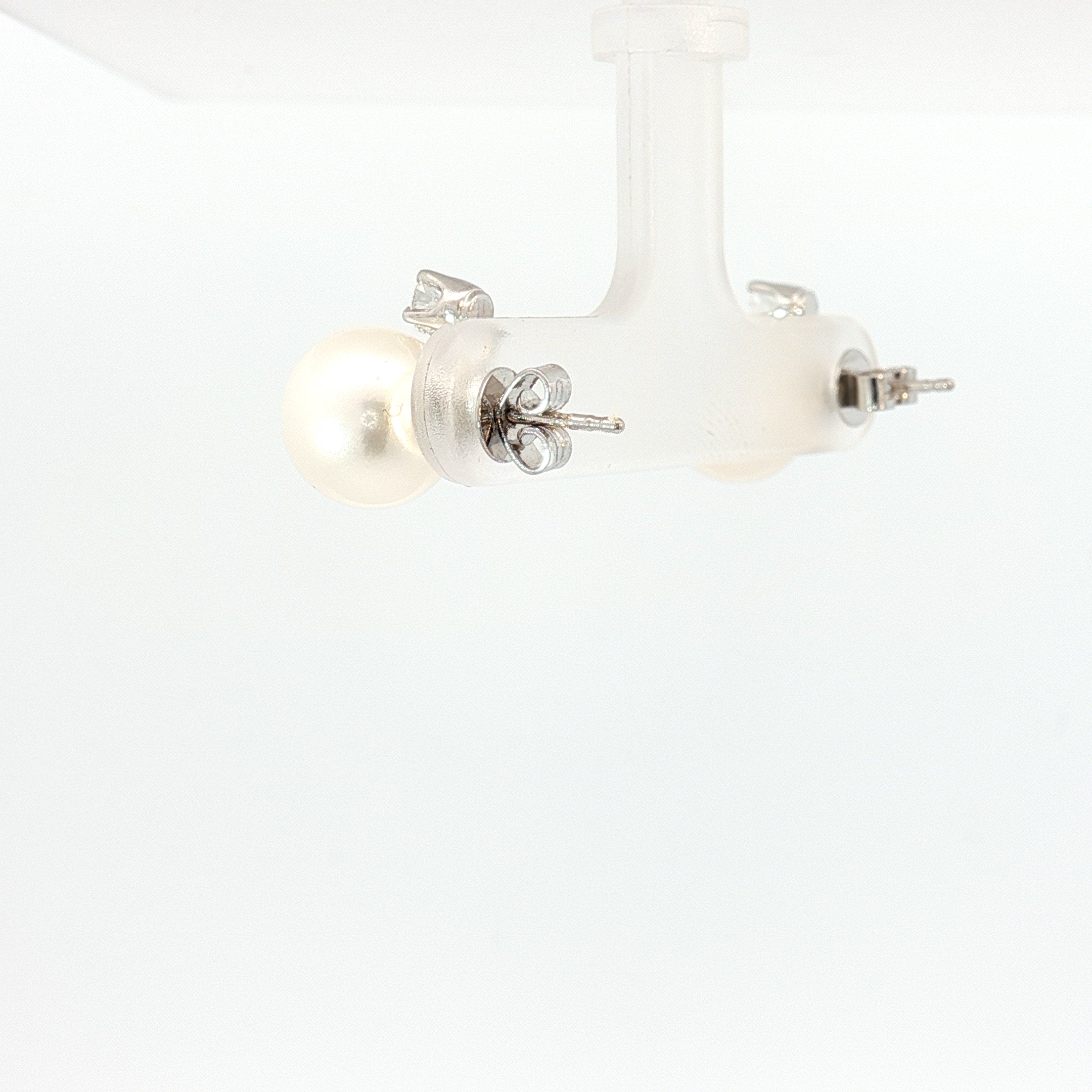 14k White Gold  Earrings With South Sea Pearls Measuring  9mm Along with .20cts of E VS2 Round Diamond South Sea Pearl 9mm Stud Earrings