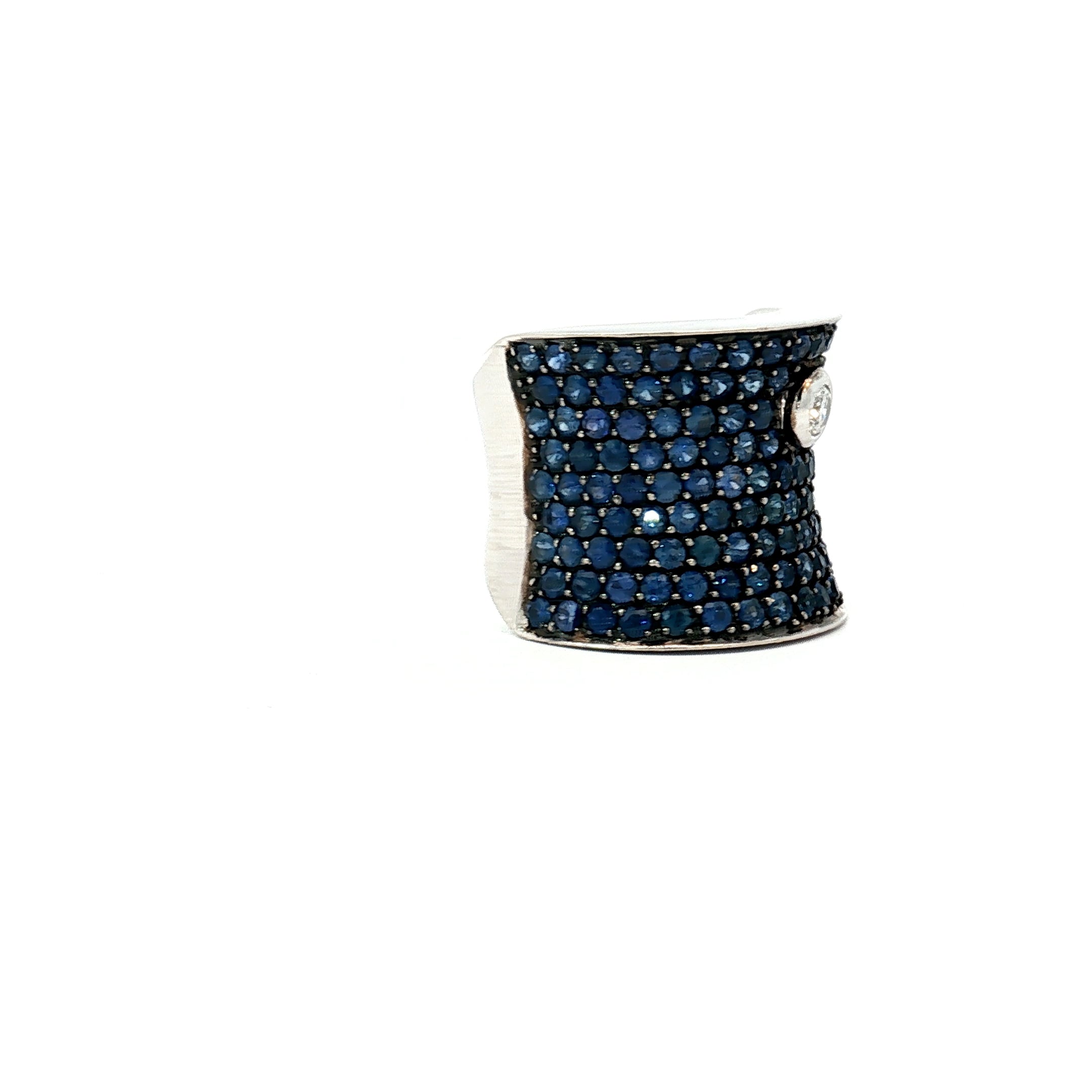 18k White Gold 2.50ct Pave Sapphire Concaved/ .15ct F VS2 Round Diamond Bezel Set Ring 18.5mm wide 13.5 gram Size 6 3/4