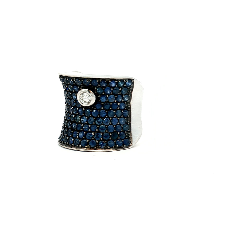 18k White Gold 2.50ct Pave Sapphire Concaved/ .15ct F VS2 Round Diamond Bezel Set Ring 18.5mm wide 13.5 gram Size 6 3/4