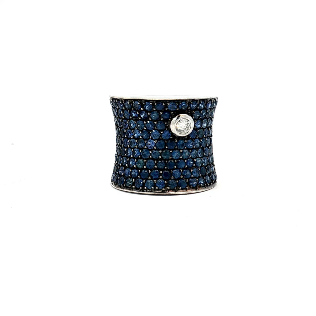 18k White Gold 2.50ct Pave Sapphire Concaved/ .15ct F VS2 Round Diamond Bezel Set Ring 18.5mm wide 13.5 gram Size 6 3/4