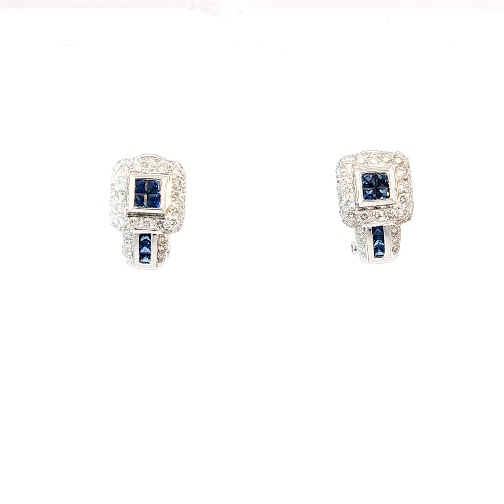 18k White Gold 1.25ct F VS2 Pave Diamond /.50ct Invisible Set/ Channel Set Blue Sapphire Omega Clip on and Post Earrings