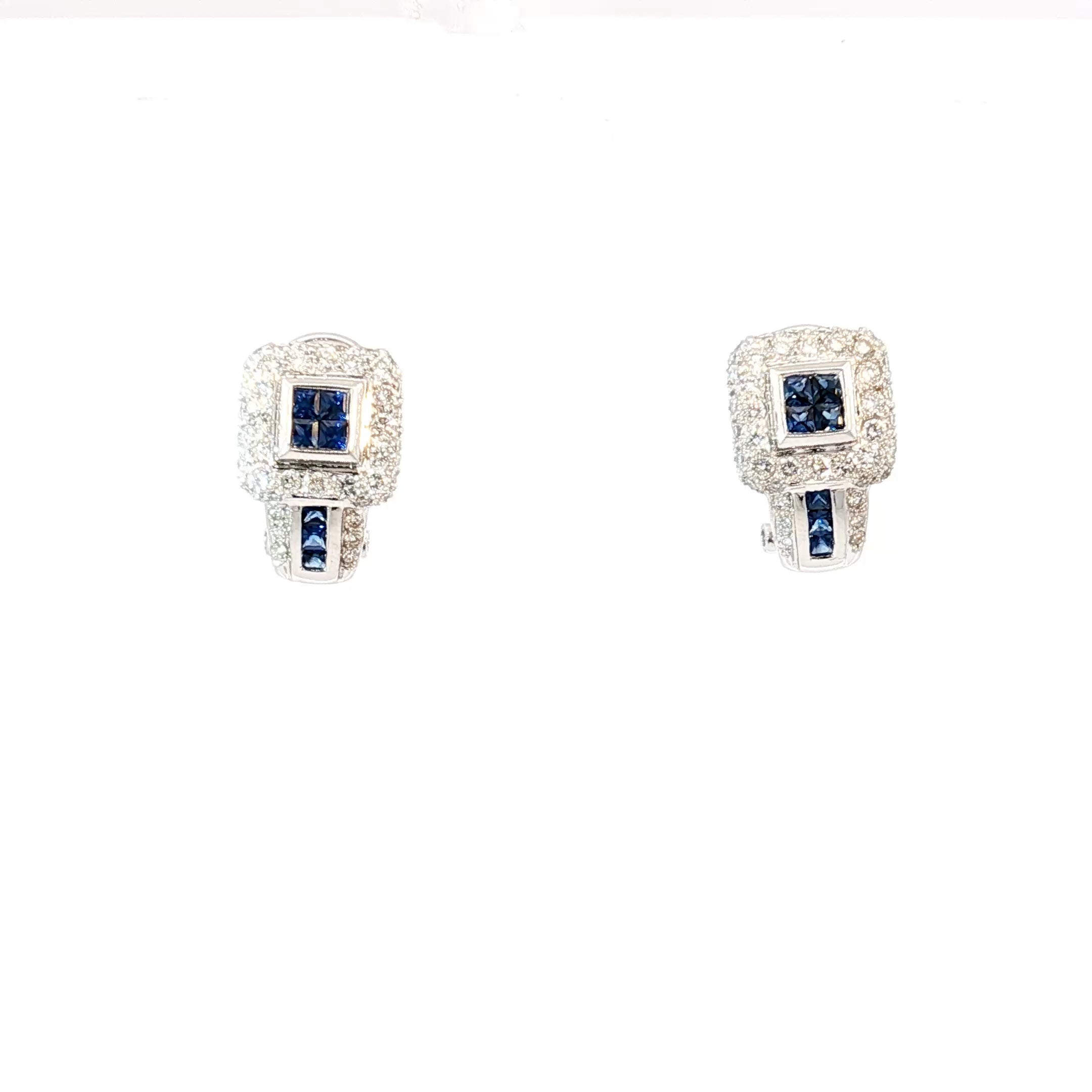 18k White Gold 1.25ct F VS2 Pave Diamond /.50ct Invisible Set/ Channel Set Blue Sapphire Omega Clip on and Post Earrings
