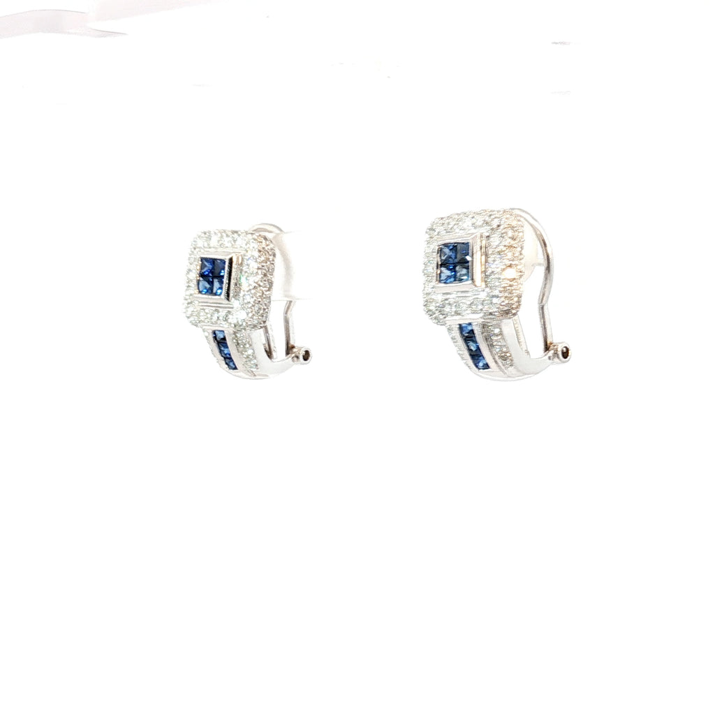 18k White Gold 1.25ct F VS2 Pave Diamond /.50ct Invisible Set/ Channel Set Blue Sapphire Omega Clip on and Post Earrings