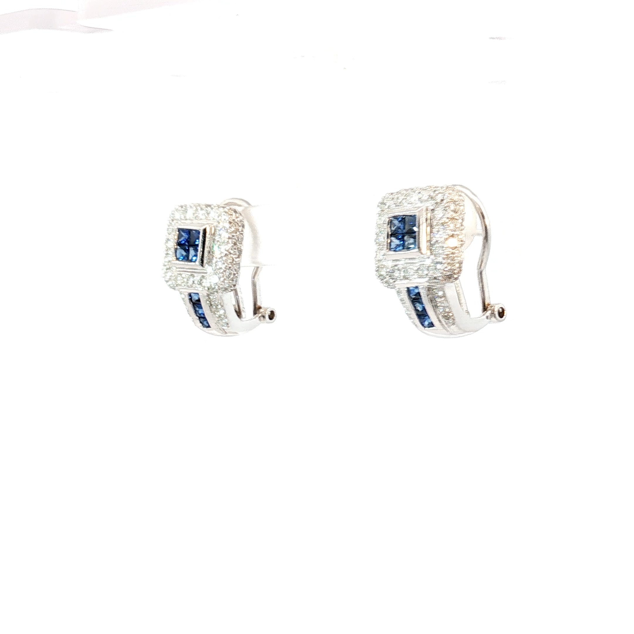 18k White Gold 1.25ct F VS2 Pave Diamond /.50ct Invisible Set/ Channel Set Blue Sapphire Omega Clip on and Post Earrings