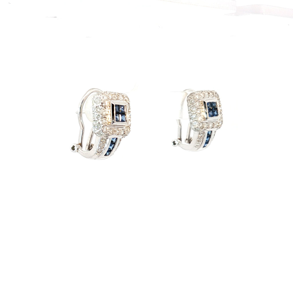 18k White Gold 1.25ct F VS2 Pave Diamond /.50ct Invisible Set/ Channel Set Blue Sapphire Omega Clip on and Post Earrings