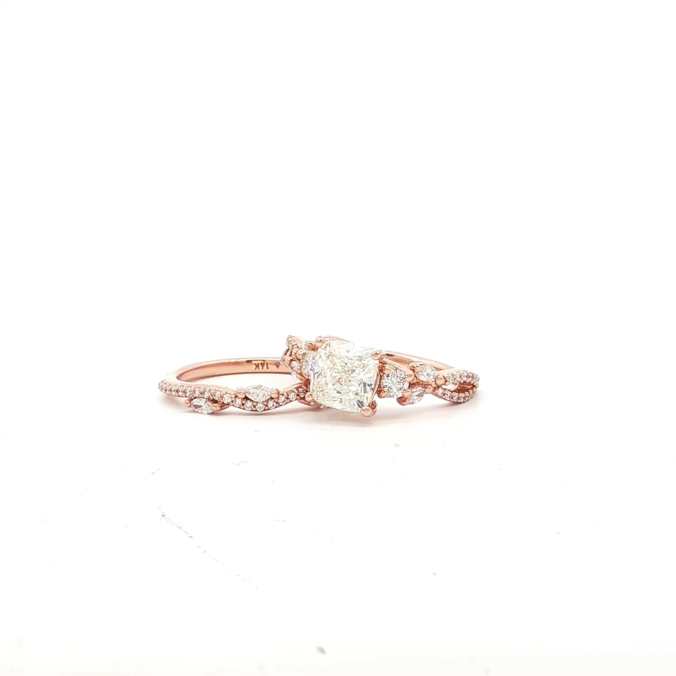 14k Rose Gold 2.02ct J SI2 Cushion Diamond Engagement / 1.25ct  G VS2 Marquise and Round Diamond Total Diamond Weight Twisted Band  Matching Engagement  and Wedding Band Certified By GIA # 6505955884