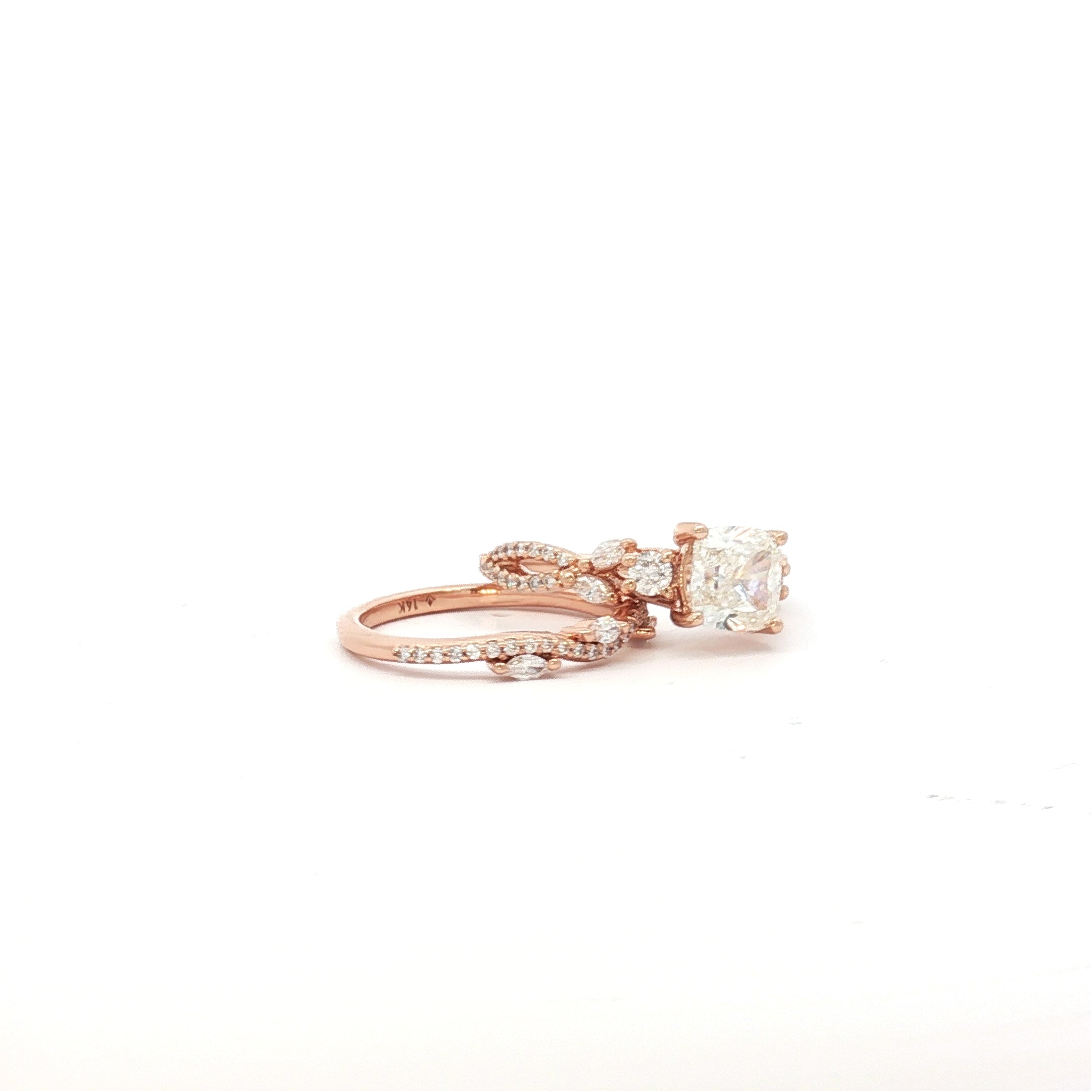14k Rose Gold 2.02ct J SI2 Cushion Diamond Engagement / 1.25ct  G VS2 Marquise and Round Diamond Total Diamond Weight Twisted Band  Matching Engagement  and Wedding Band Certified By GIA # 6505955884