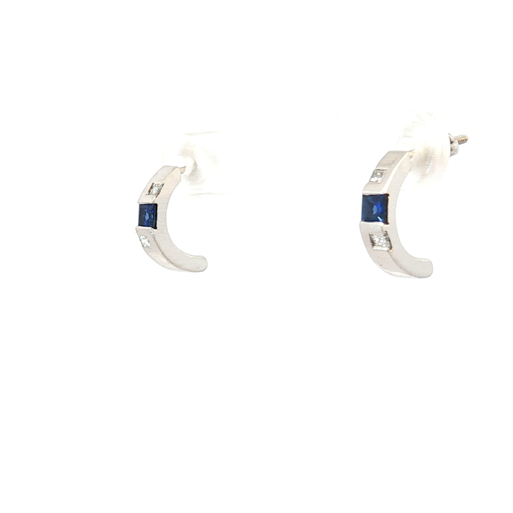 Platinum .25ct Princess Cut Blue Sapphire/ .12ct G VS2 Princess Cut Diamond Huggies Earrings