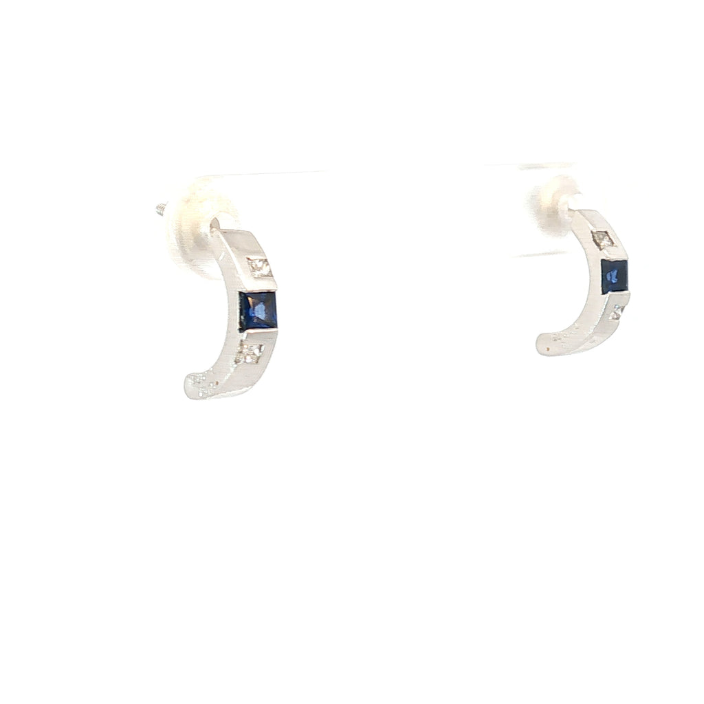 Platinum .25ct Princess Cut Blue Sapphire/ .12ct G VS2 Princess Cut Diamond Huggies Earrings