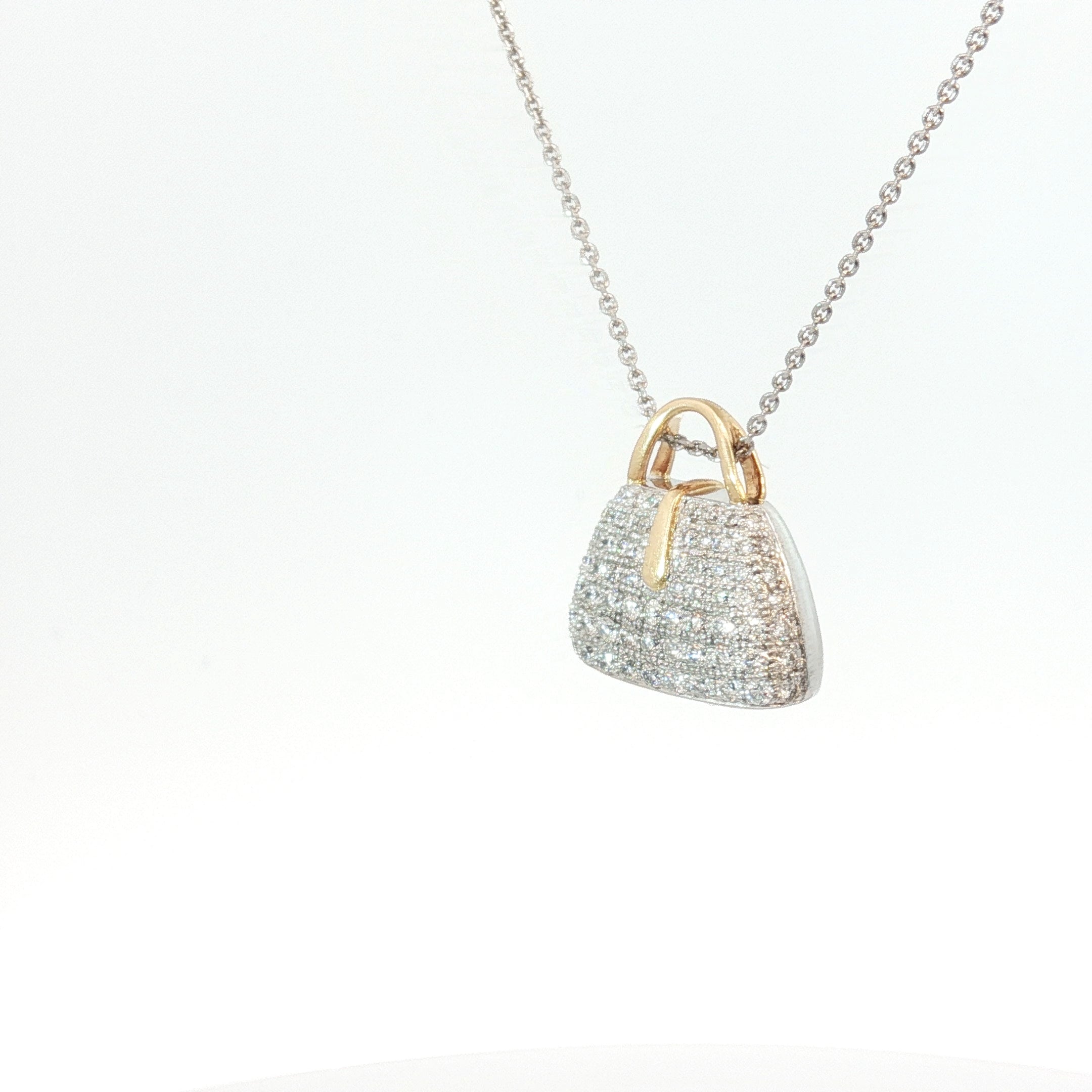 18k Two Tone 1.00ct E VS1 Round Pave Diamond Designer Purse Pendant 18"inch