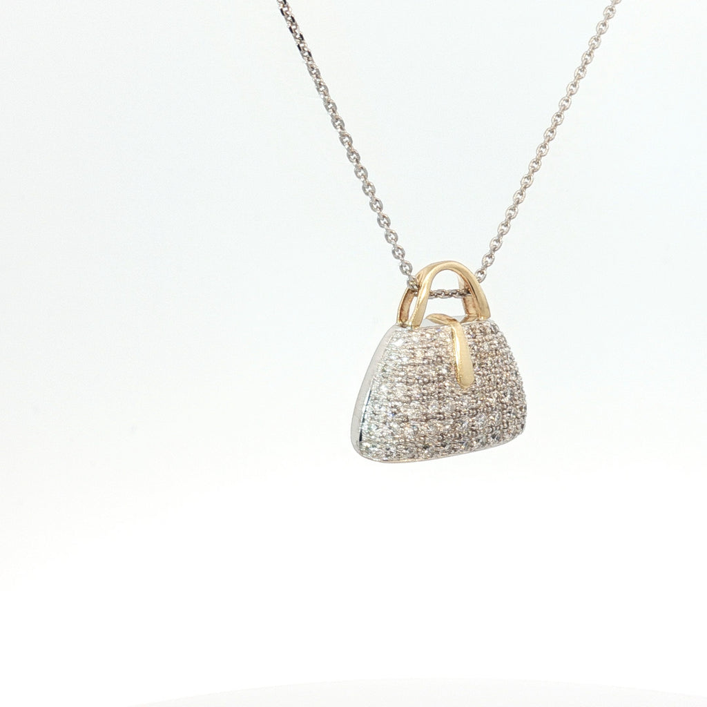 18k Two Tone 1.00ct E VS1 Round Pave Diamond Designer Purse Pendant 18"inch