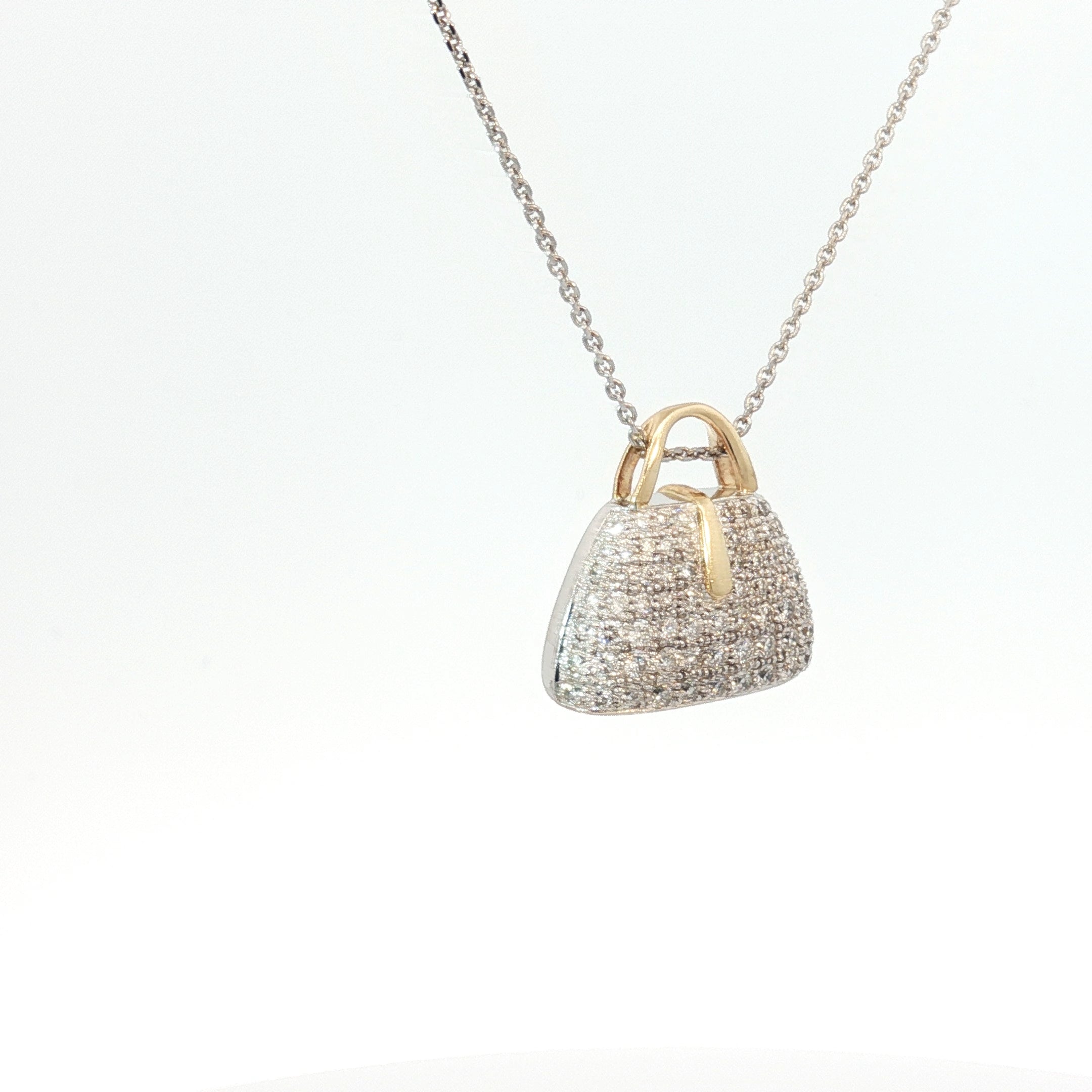 18k Two Tone 1.00ct E VS1 Round Pave Diamond Designer Purse Pendant 18"inch