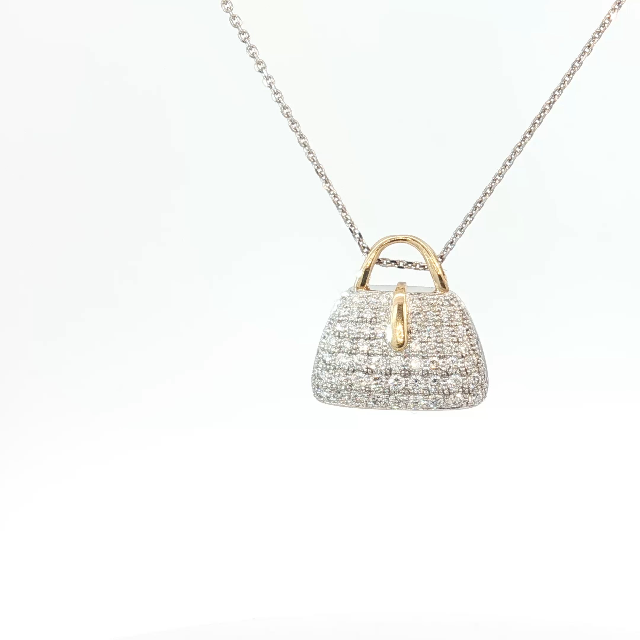 18k Two Tone 1.00ct E VS1 Round Pave Diamond Designer Purse Pendant 18"inch