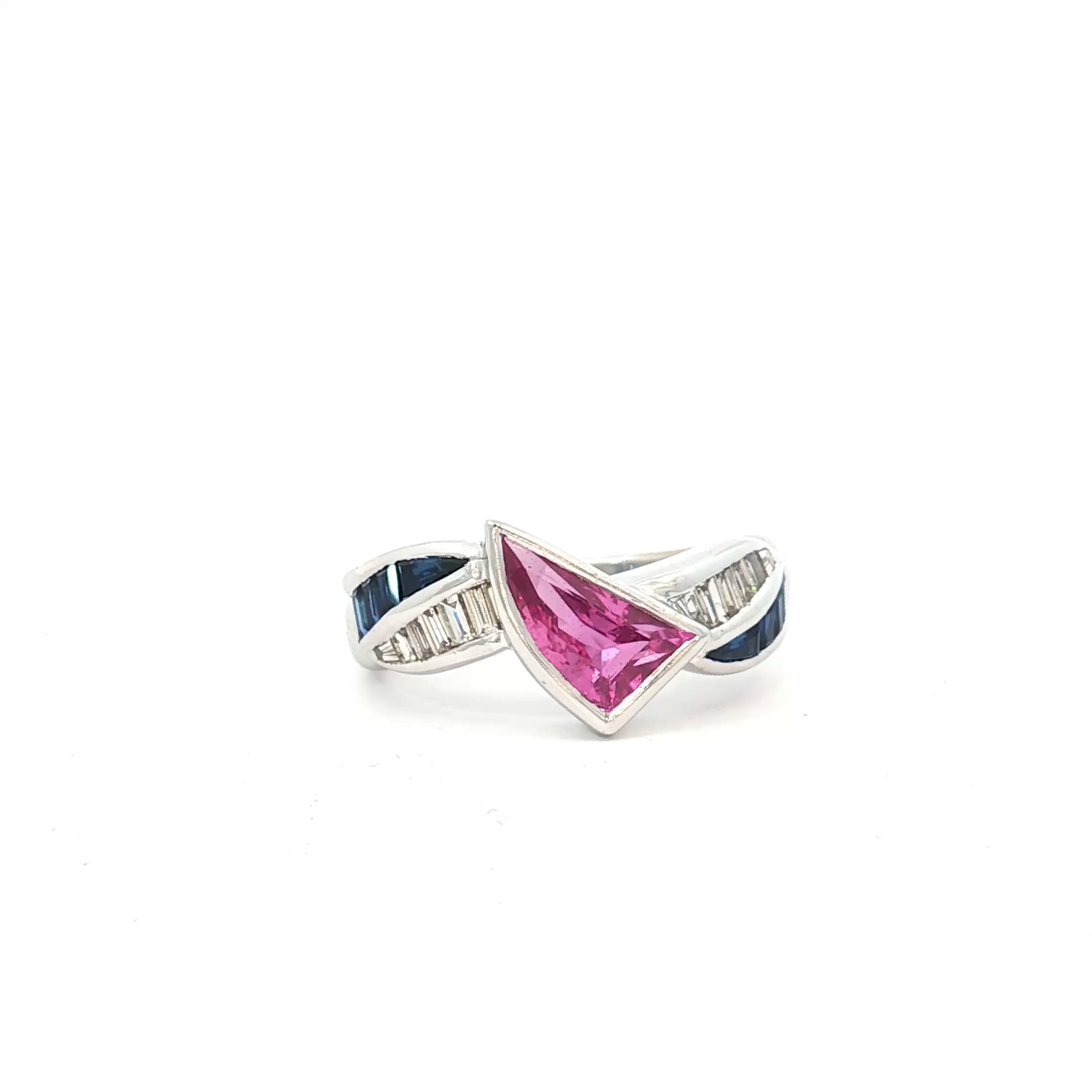 18k White Gold Levitan Pink Sapphire/ .50ct G VS2 Baguette/ .50ct Baguette Blue Sapphire Ring