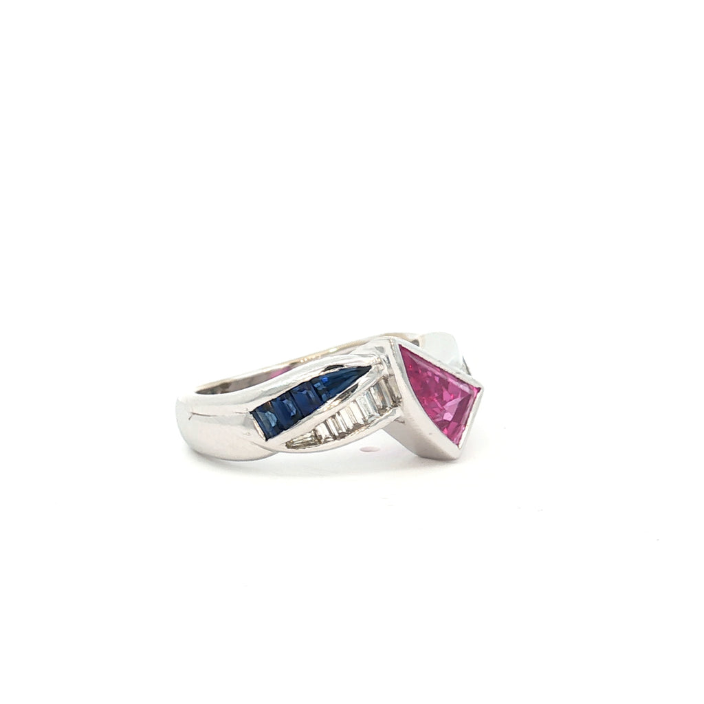 18k White Gold Levitan Pink Sapphire/ .50ct G VS2 Baguette/ .50ct Baguette Blue Sapphire Ring