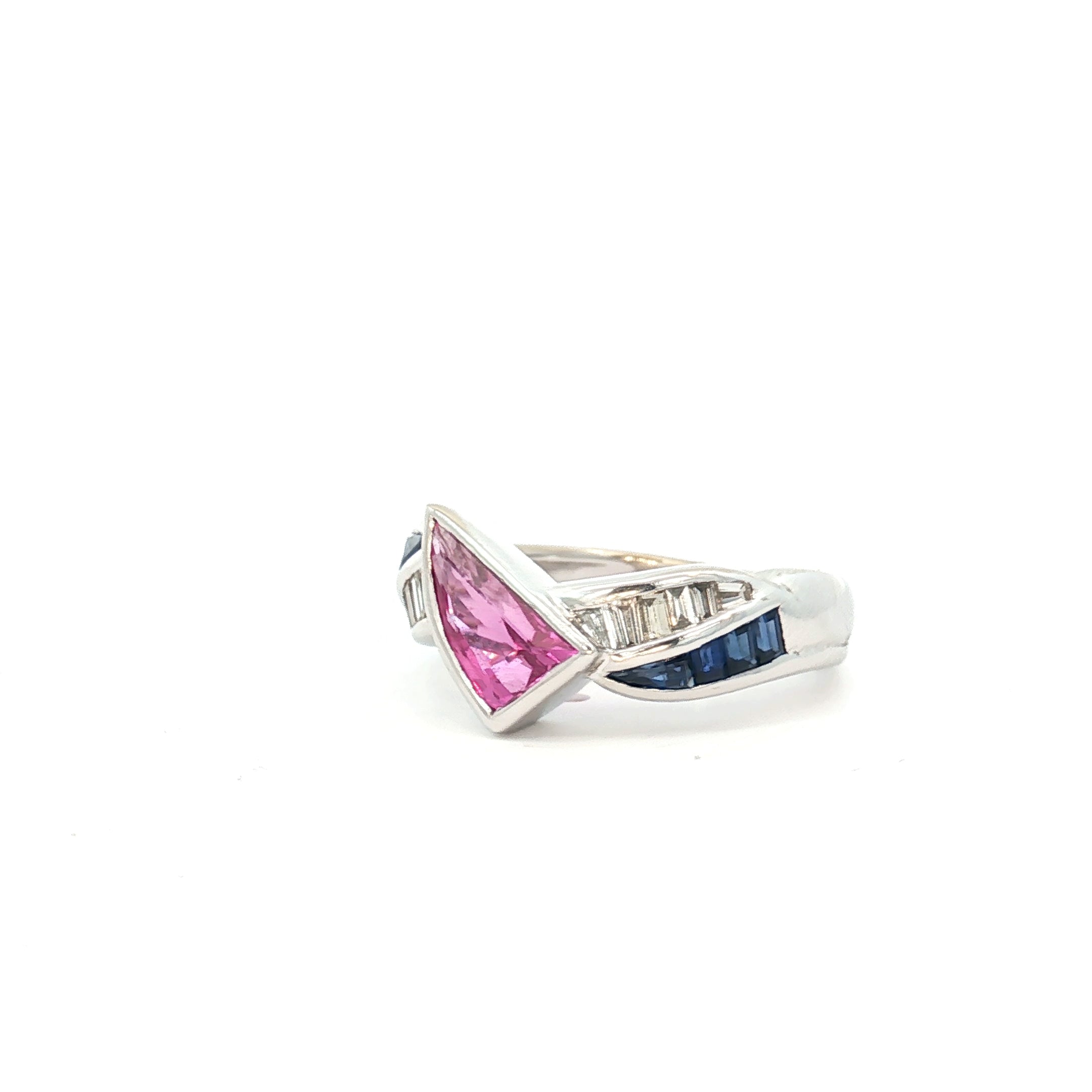 18k White Gold Levitan Pink Sapphire/ .50ct G VS2 Baguette/ .50ct Baguette Blue Sapphire Ring