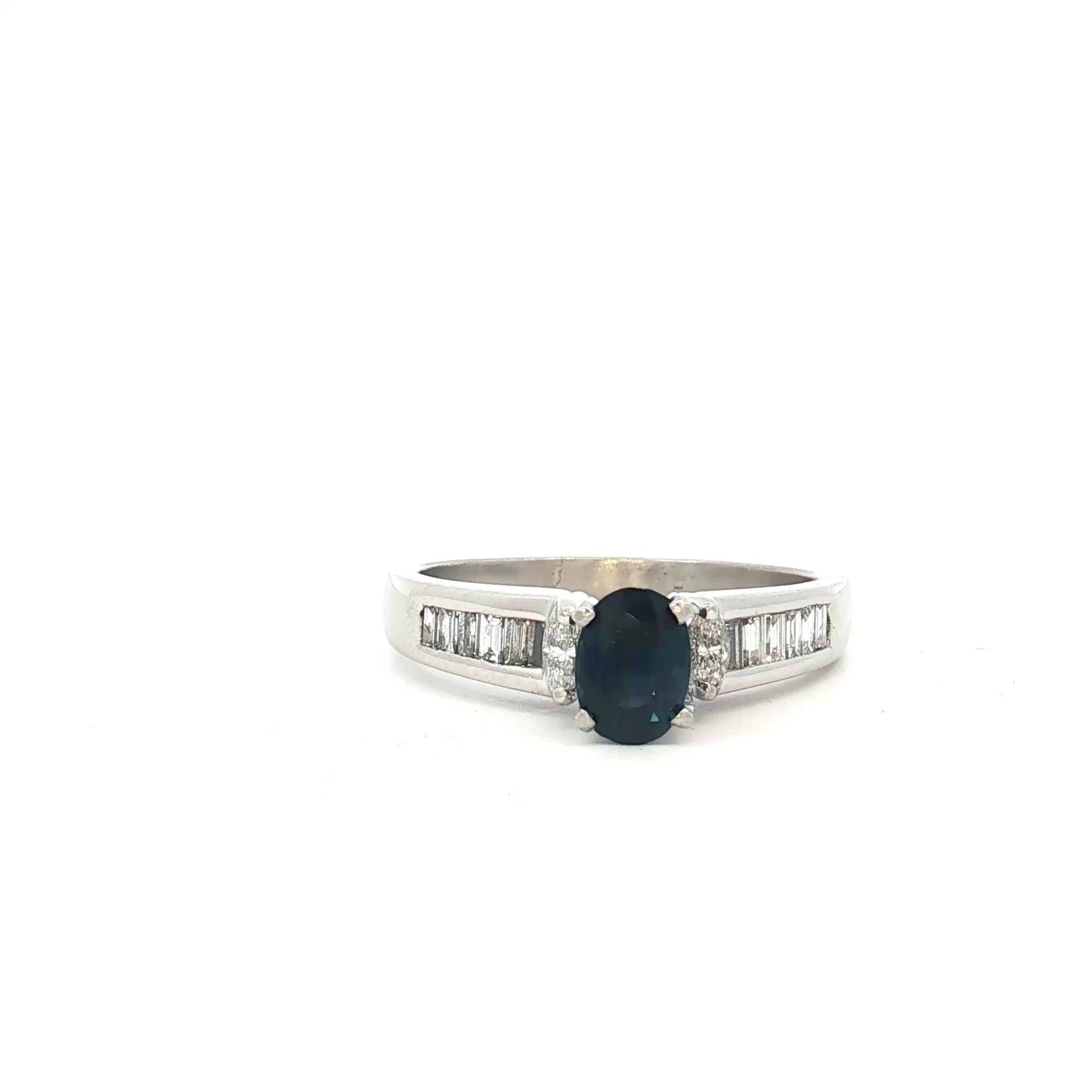 Platinum .50ct G VS2 Baguette Diamond / .75ct Blue Sapphire AAA Ring