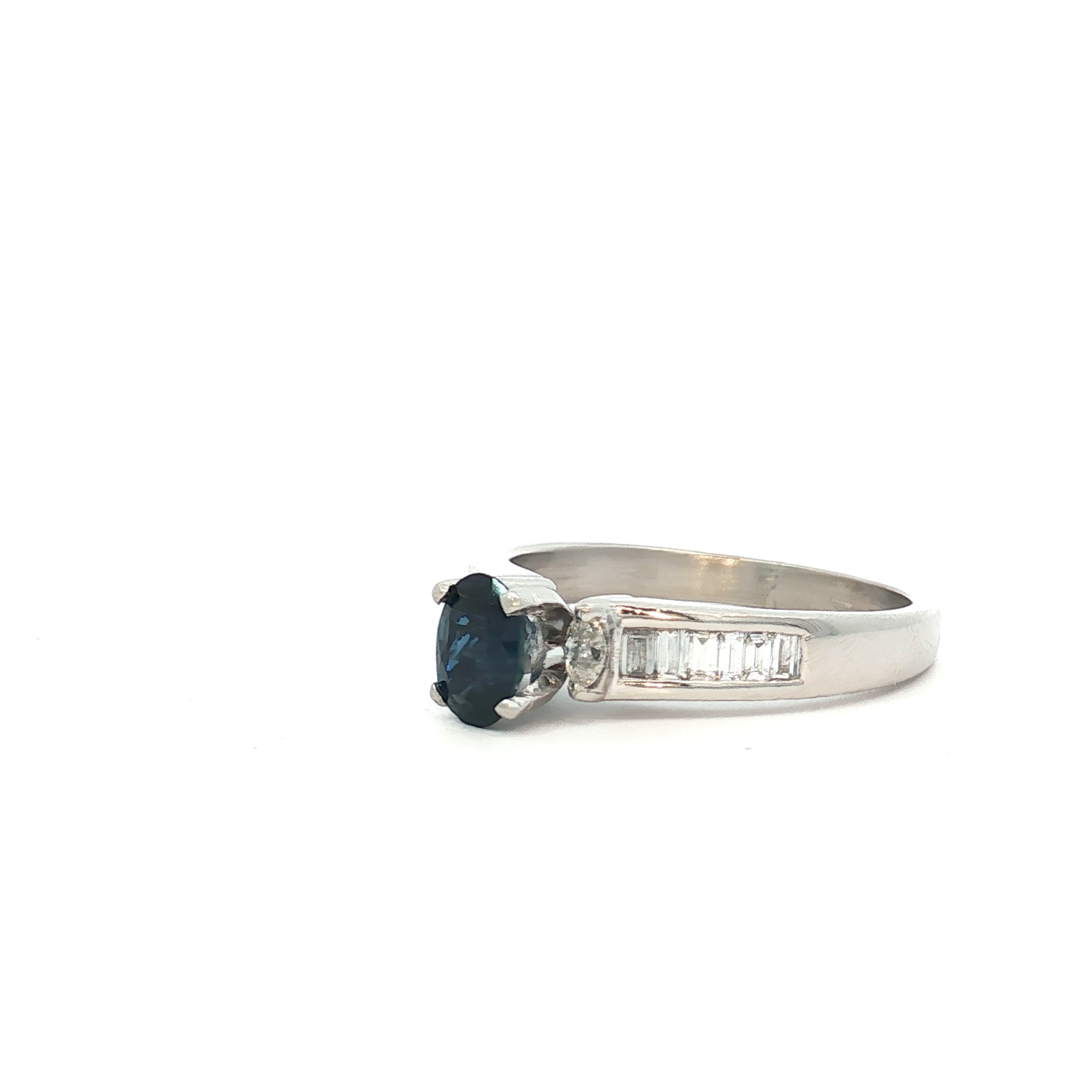 Platinum .50ct G VS2 Baguette Diamond / .75ct Blue Sapphire AAA Ring