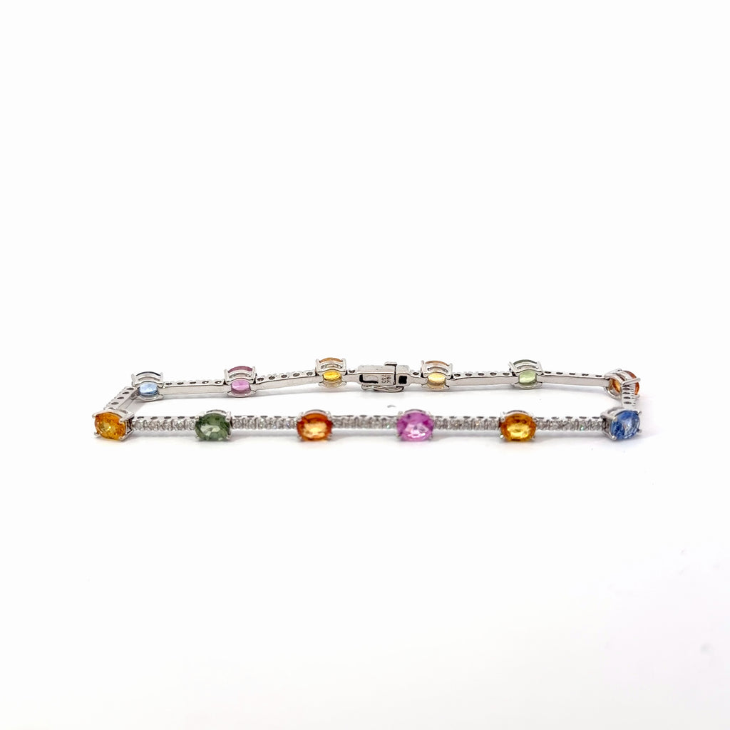 18k White Gold 6.50ct Oval Shape Multicolored Rainbow Sapphire /.60ct H SI1 Round Bracelet