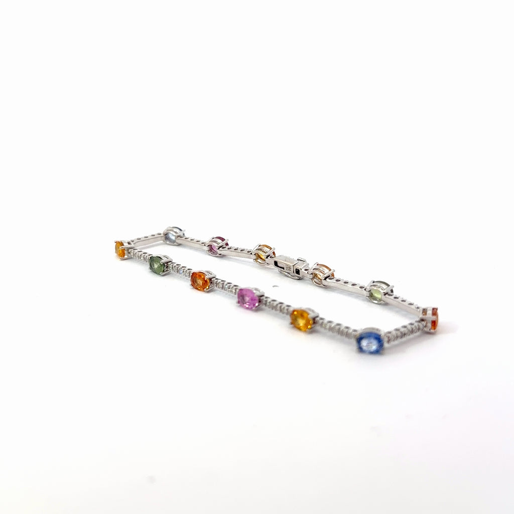 18k White Gold 6.50ct Oval Shape Multicolored Rainbow Sapphire /.60ct H SI1 Round Bracelet