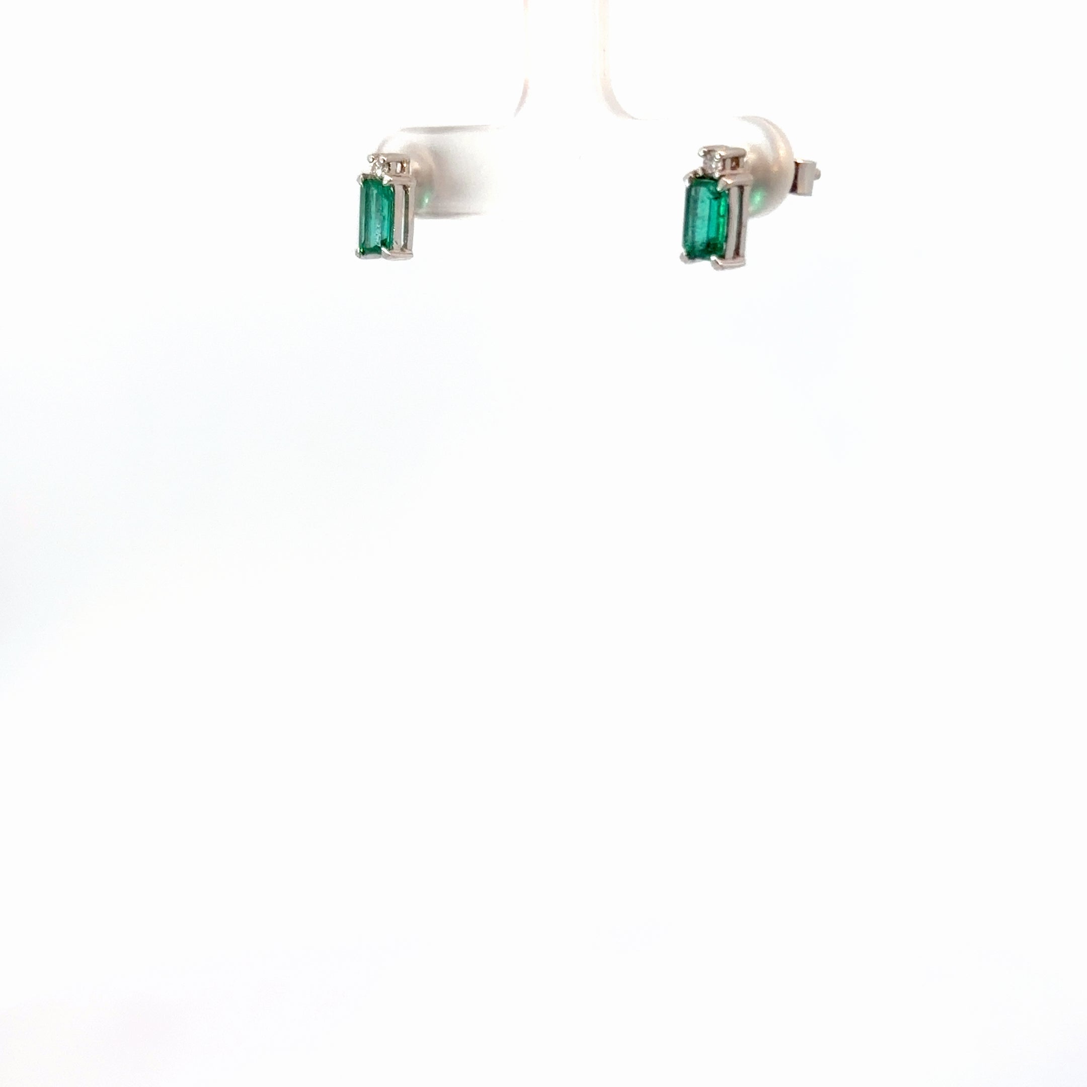 14k White Gold 1.50ct Emerald Shape Emerald and .06ct G VS2 Round Diamond Dangle Earrings
