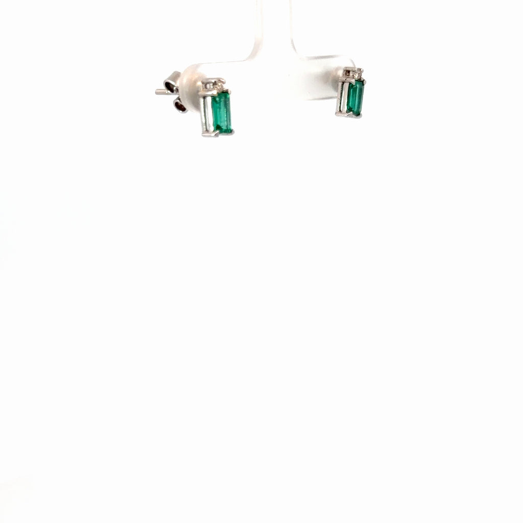 14k White Gold 1.50ct Emerald Shape Emerald and .06ct G VS2 Round Diamond Dangle Earrings