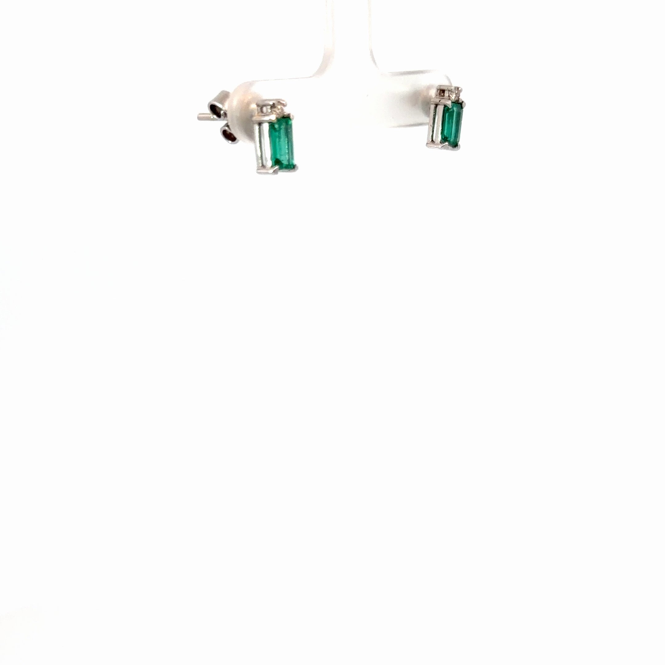 14k White Gold 1.50ct Emerald Shape Emerald and .06ct G VS2 Round Diamond Dangle Earrings