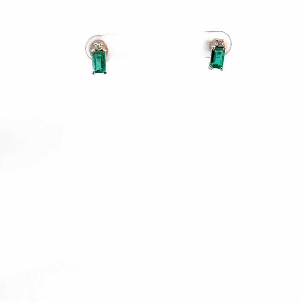 14k White Gold 1.50ct Emerald Shape Emerald and .06ct G VS2 Round Diamond Dangle Earrings