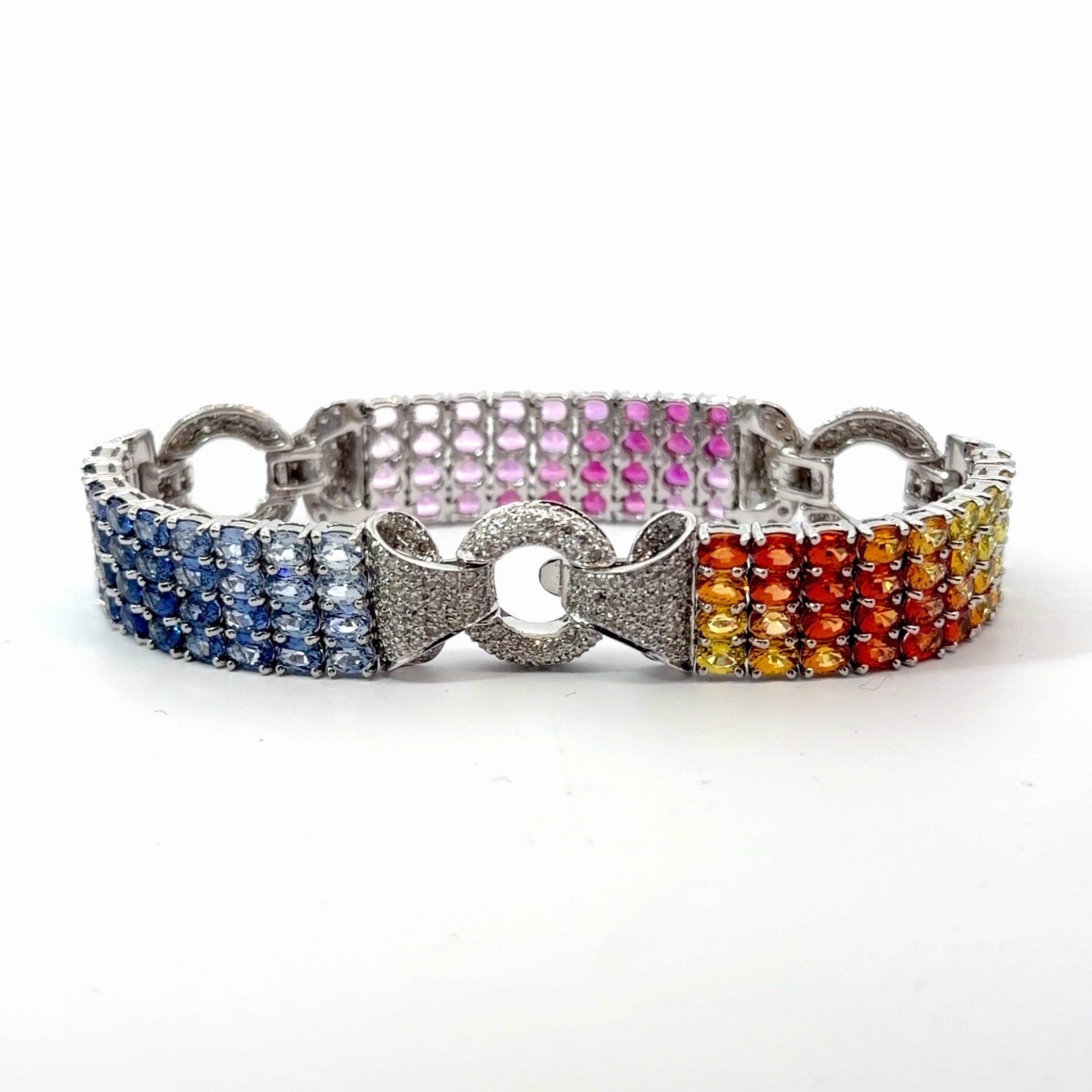 18k White Gold 19.20ct Round Multicolored Sapphire / 2.98ct I SI2 Round Diamond  Bracelet